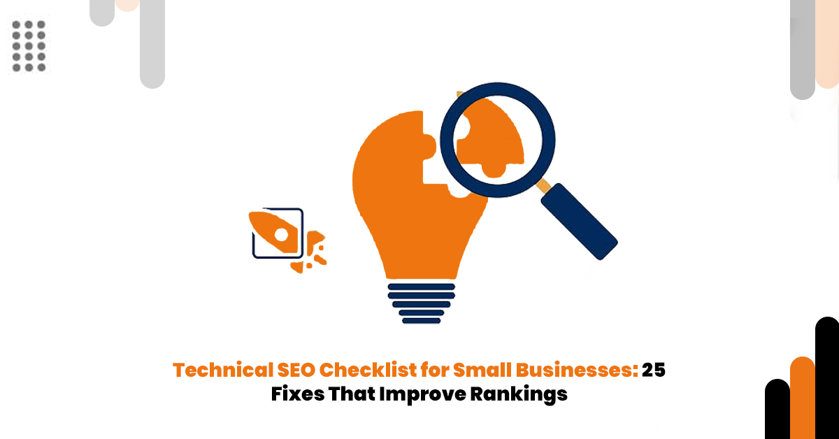 Technical SEO checklist illustration showing website audit, search optimization, technical analysis, and ranking improvements for small businesses by DigiKwic.