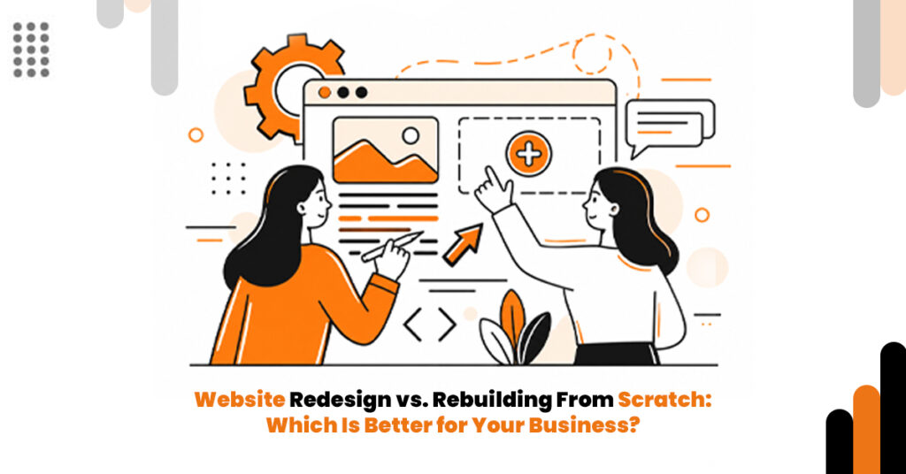 Comparison of a website redesign and a complete website rebuild, showing updated website layouts and a new website structure on computer screens.